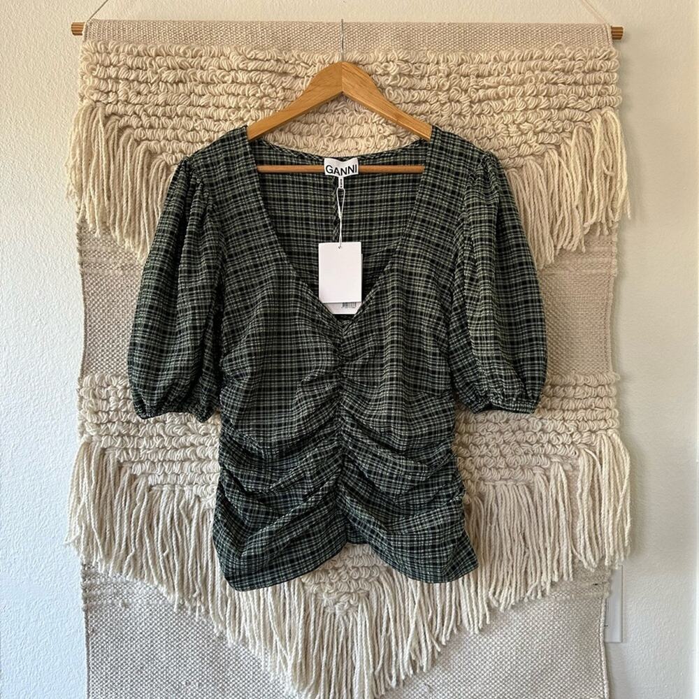 NWT: Ganni Mini Check Green Bay Top